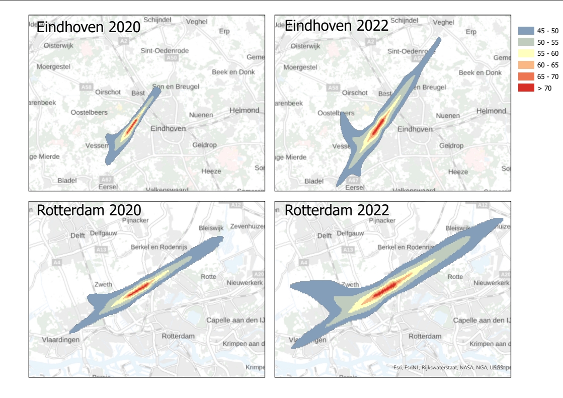 4 afbeeldingen: geluidcontour Eindhoven in 2020 en 2022 en Rotterdam in 2020 en 2022