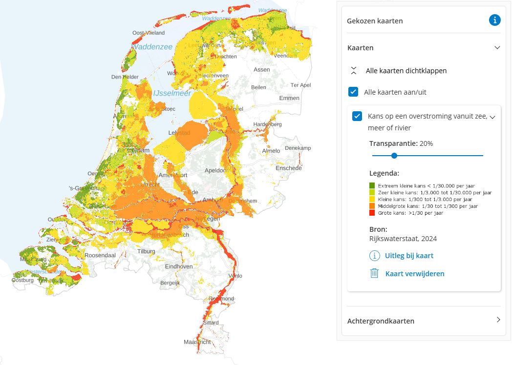 Kaart Kans op een overstroming vanuit zee, meer of rivier