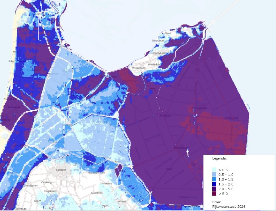Uitsnede kaart Maximale waterdiepte bij een dijkdoorbraak