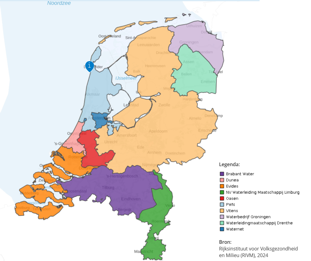 screenshot van de kaart met drinkwaterbedrijven in Nederland