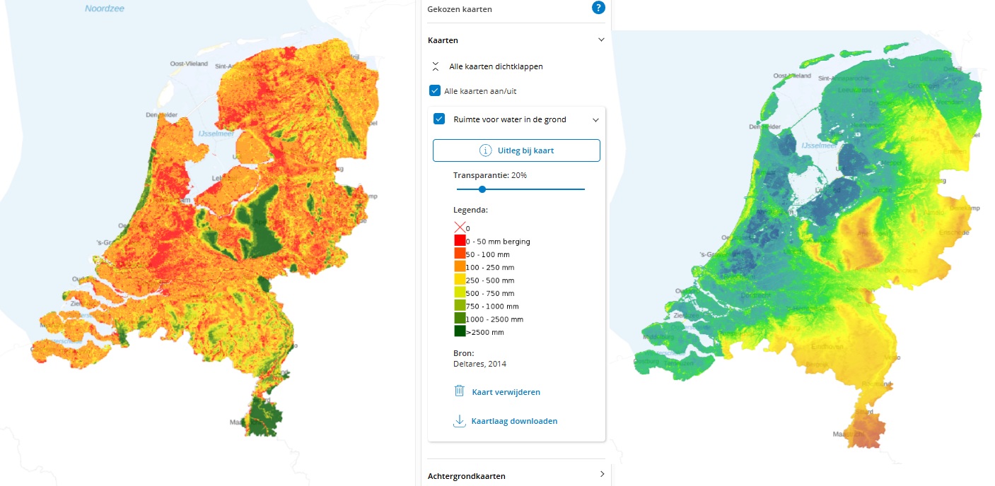 Kaarten Ruimte voor water in de grond en de kaart Hoogte en bodem