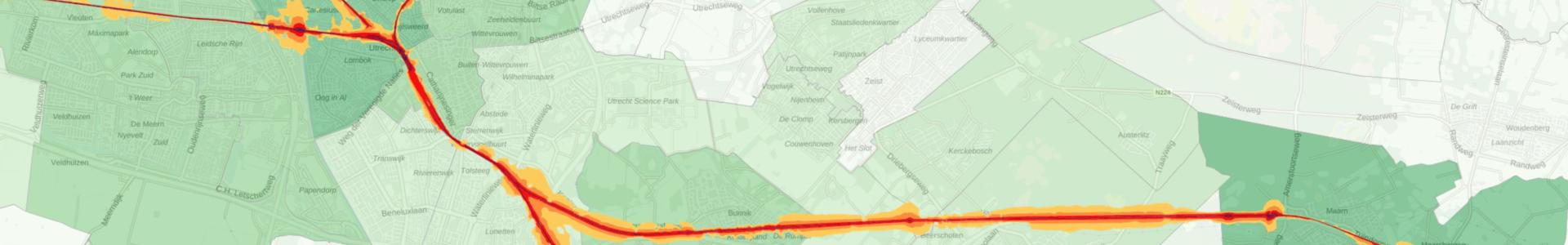 Uitsnede van de kaarten over geluid van treinverkeer en geluidshinder door treinverkeer