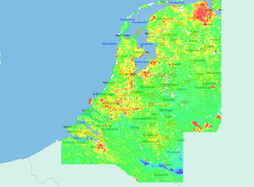 Kaart van Nederland met kleur van rood naar blauw die staat voor bodemdaling