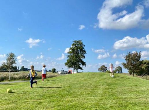 Drie kinderen spelen op een grasveld met een bal