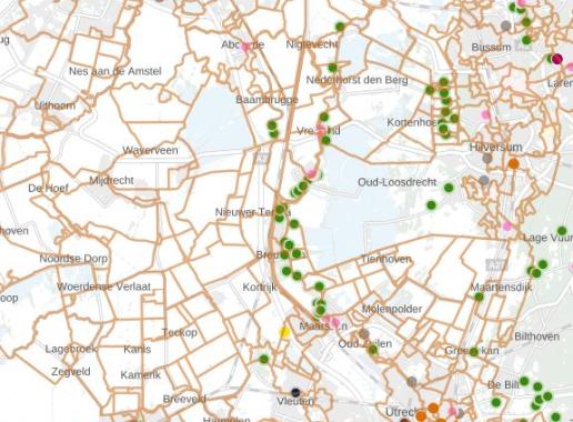 Kaart met Groene Rijksmonumenten en regionale wandelroutes