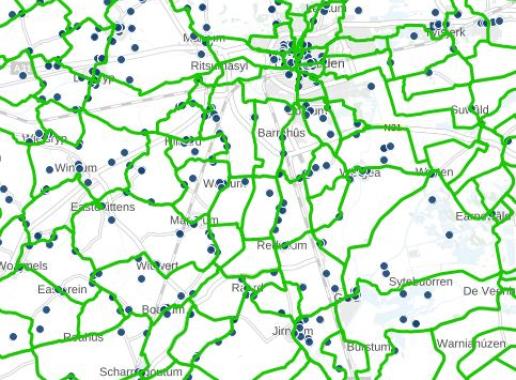 Kaart met Rijksmonumenten en regionale fietsroutes in de provincie Friesland