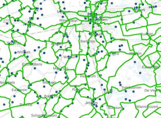 Kaart met Rijksmonumenten en regionale fietsroutes in de provincie Friesland