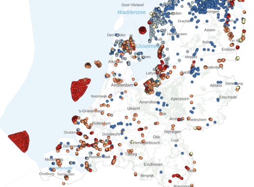 screenshot van de kaart van de locaties en het vermogen van windturbines