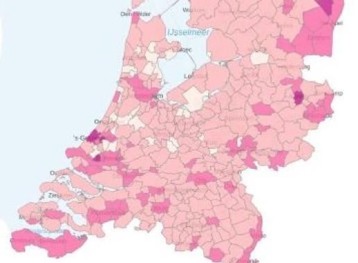 Kaart met het percentage mensen per gemeente die beperkingen hebben in bewegen