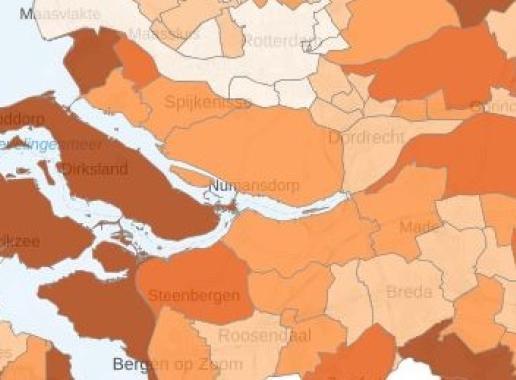 Op de kaart zie je hoe ver mensen moeten reizen naar sportaccommodaties in zuid-west Nederland