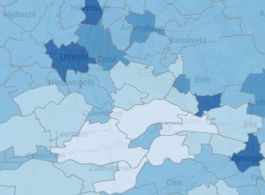 Kaart met het percentage mensen dat lopend of fietsend naar school of werk gaat