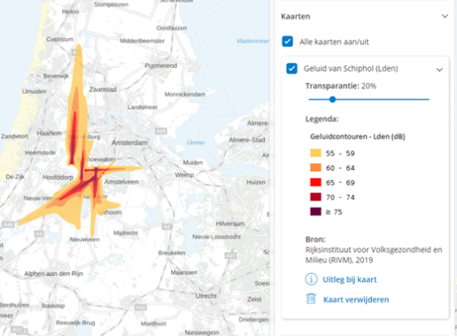screenshot van de geluid rondom schiphol kaart