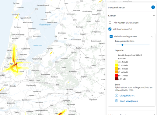 screenshot van de geluid van vliegverkeer kaart met legenda ernaast