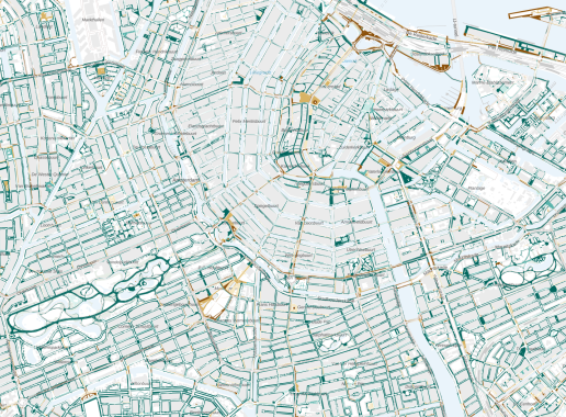 Kaart van Amsterdam met daarop een overzicht van schaduw op fiets- en wandelpaden