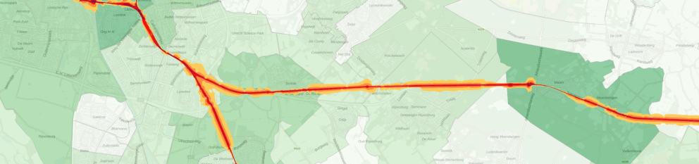 Uitsnede van de kaarten over geluid van treinverkeer en geluidshinder door treinverkeer
