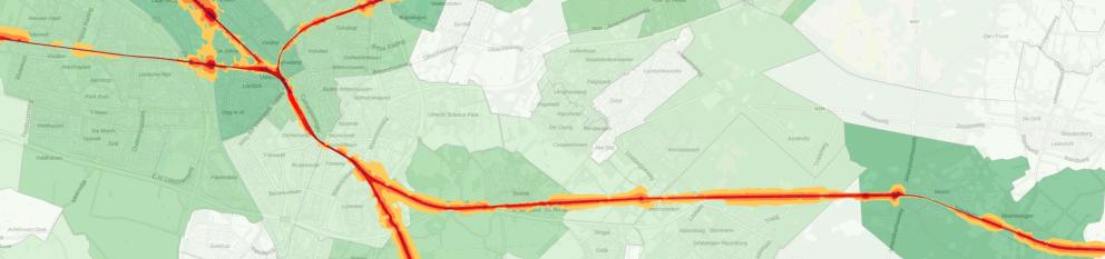 Uitsnede van de kaarten over geluid van treinverkeer en geluidshinder door treinverkeer