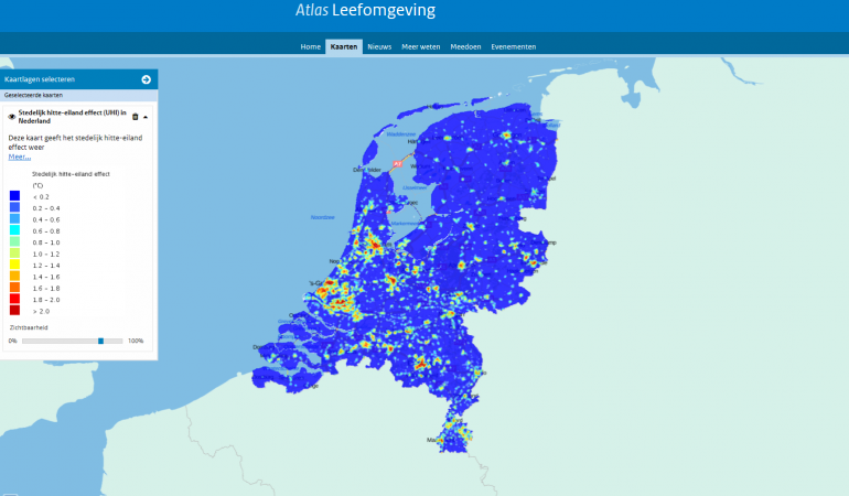 Stedelijk hitte-eiland effect in Nederland kaart 