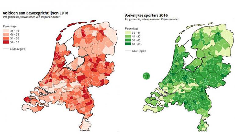 Kaarten GGD Aantal mensen dat voldoet aan beweegrichtlijnen en aantal mensen dat wekelijks sport per gemeente 