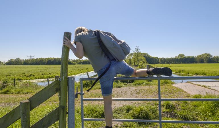 Een vrouw met wandelschoenen aan klimt over een hek in een weiland