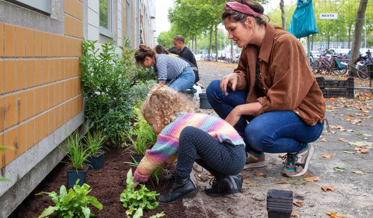 Mensen leggen geveltuin samen aan