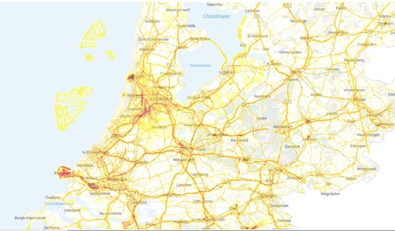Een uitsnede van de kaart geluid in Nederland