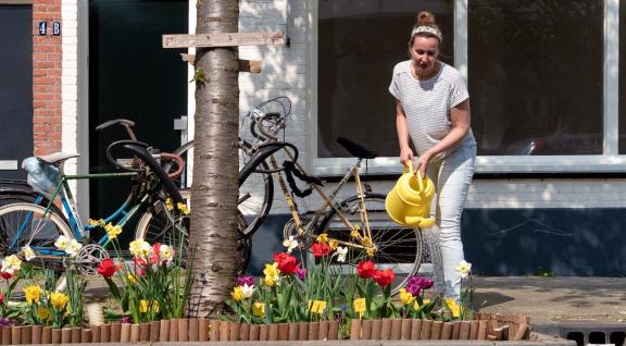 Vrouw geeft planten in geveltuin water in straat in Utrecht